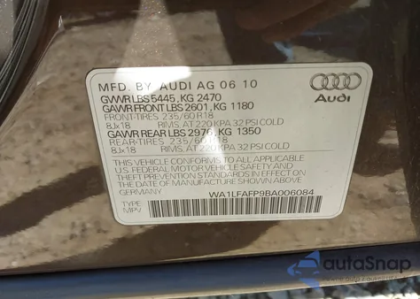 2011 Audi Q5 2.0T Premium из США, поврежденный, VIN WA1LFAFP9BA006084